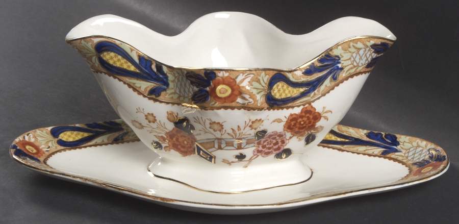 Wincanton Blue and Rust Gravy Boat with Attached Underplate by Wood & Sons-1