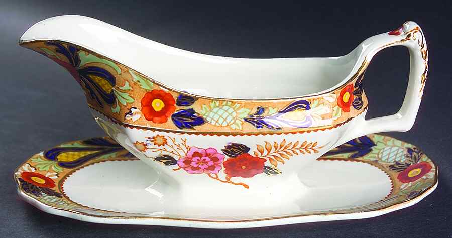Wincanton Blue and Rust Gravy Boat with Attached Underplate by Wood & Sons-1