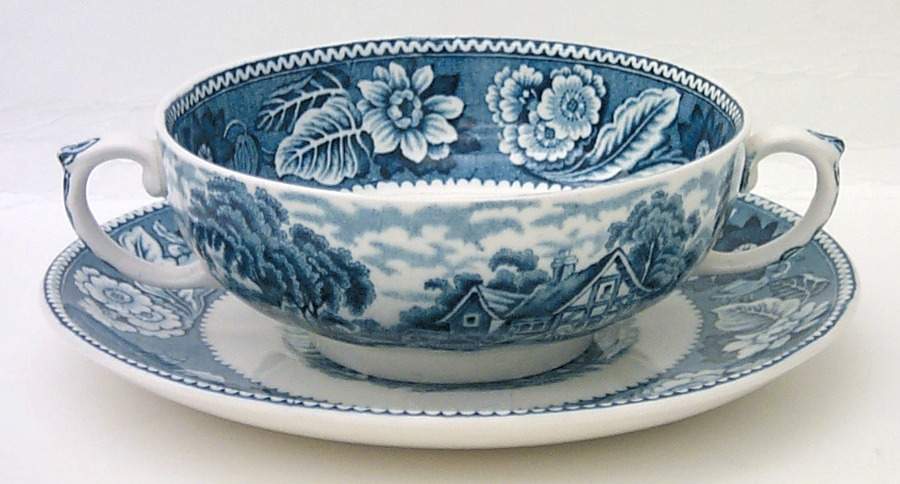 Woodland Blue (Center Scene) Flat Cream Soup Bowl & Saucer Set by Wood & Sons-1