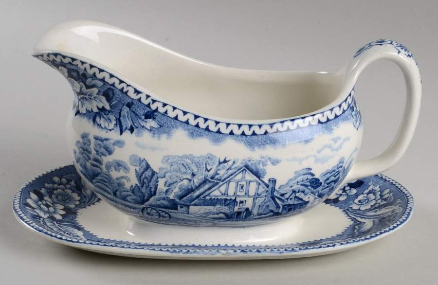 Woodland Blue (Center Scene) Gravy Boat with Attached Underplate by Wood & Sons-1