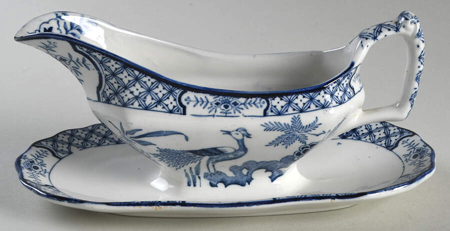 Yuan Blue and White (Older) Gravy Boat with Attached Underplate by Wood & Sons-1