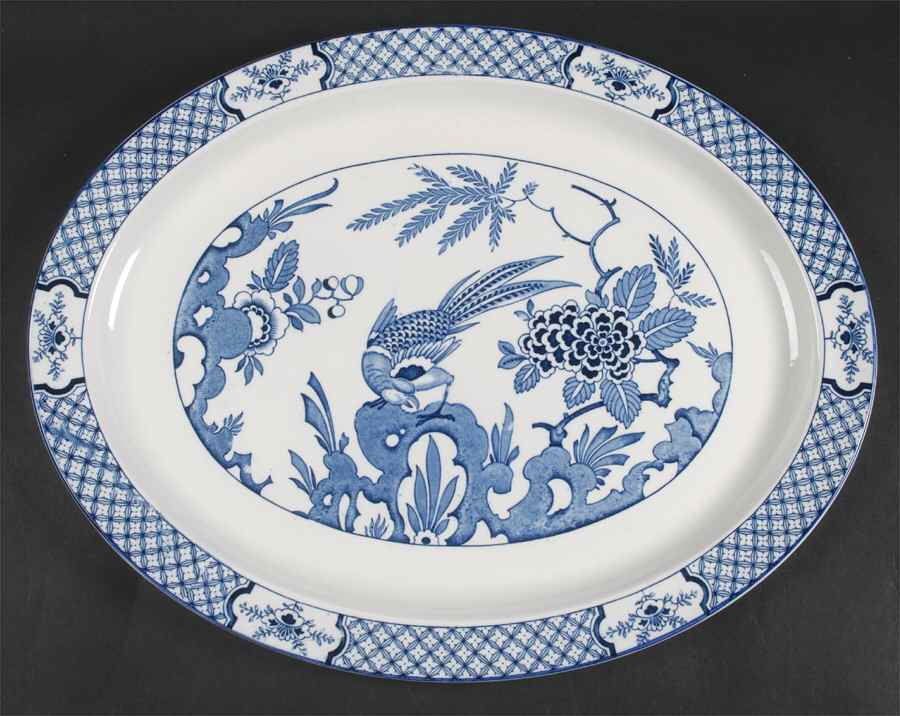 Yuan Blue and White (Older) 16" Oval Serving Platter by Wood & Sons-1