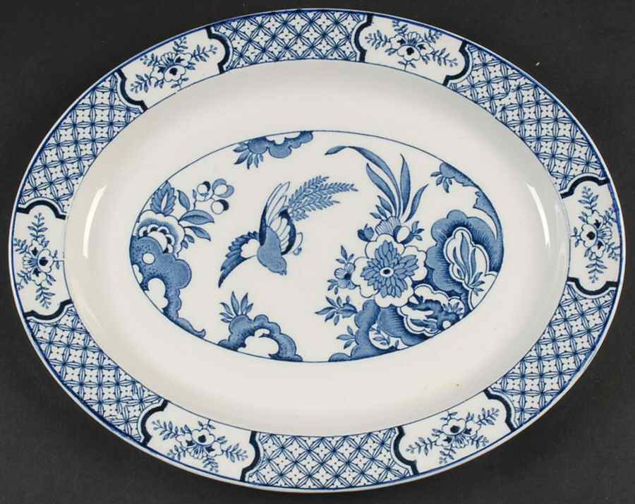 Yuan Blue and White (Older) 10" Oval Serving Platter by Wood & Sons-1