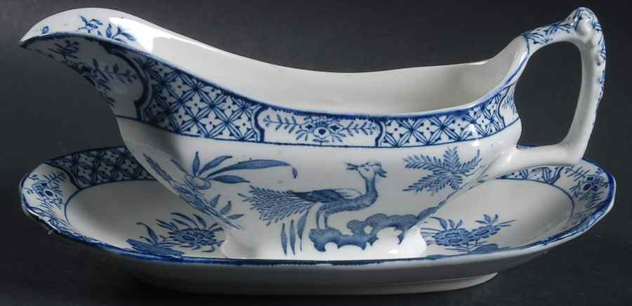Yuan Blue and White (Older) Gravy Boat & Underplate/Relish by Wood & Sons-1