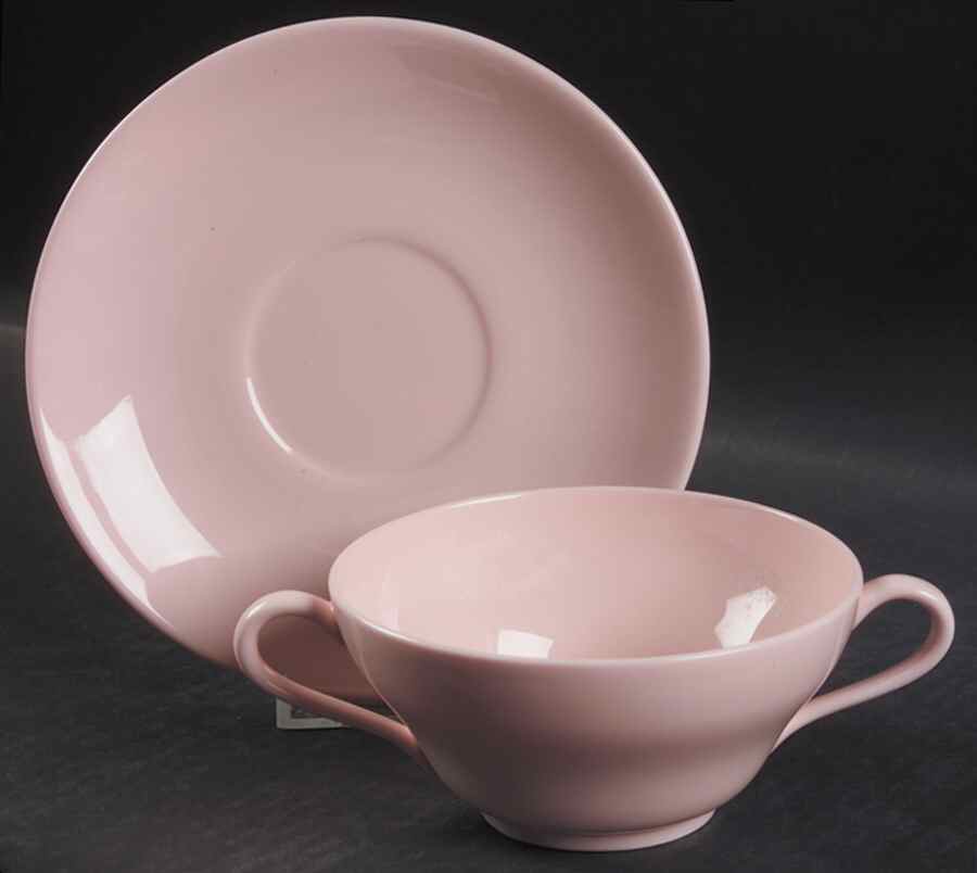 Alpine Pink (No Design, No#, Smooth) Footed Cream Soup Bowl & Saucer Set by Wedgwood-1