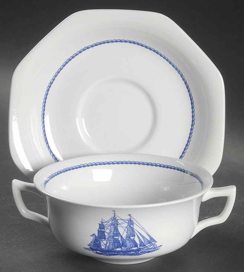 American Clipper Blue Flat Cream Soup Bowl & Saucer Set by Wedgwood-1