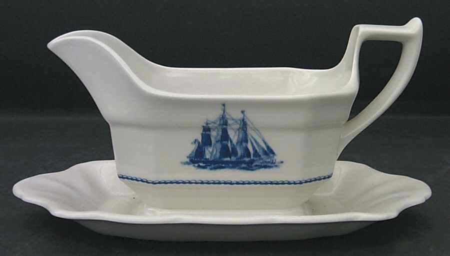 American Clipper Blue Gravy Boat with Attached Underplate by Wedgwood-1