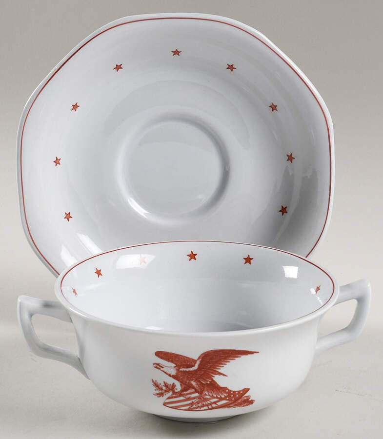 American Eagle Red Flat Cream Soup Bowl & Saucer Set by Wedgwood-1
