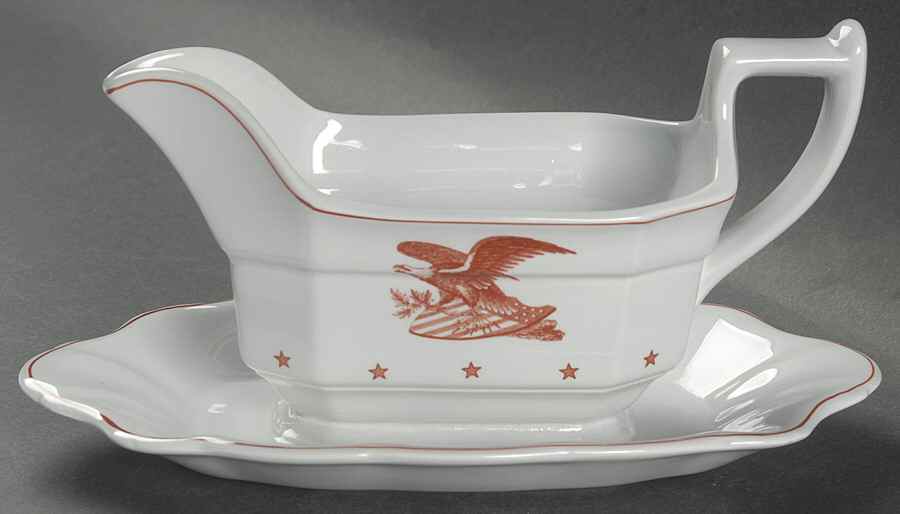 American Eagle Red Gravy Boat with Attached Underplate by Wedgwood-1