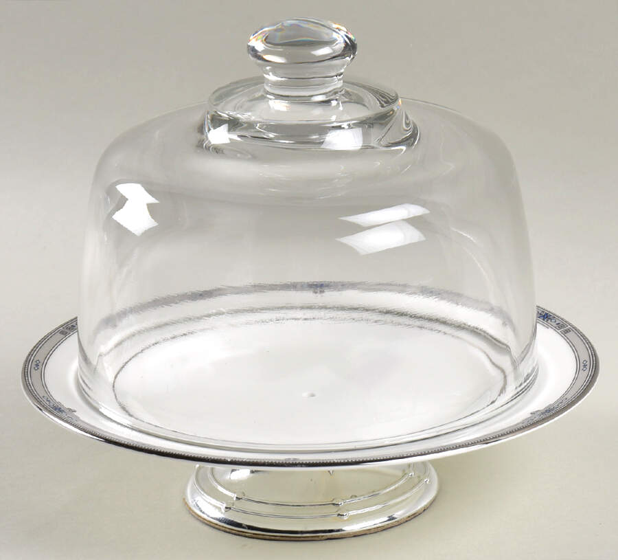 Amherst (Platinum Trim) 6 1/2"-7 1/2" Footed Cheese Plate w/ Glass Dome HC by Wedgwood-1