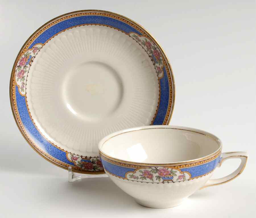 Astor (Flowers On Border, Older) Flat Cup & Saucer Set by Wedgwood-1