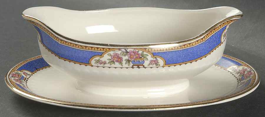 Astor (Flowers On Border, Older) Gravy Boat with Attached Underplate by Wedgwood-1
