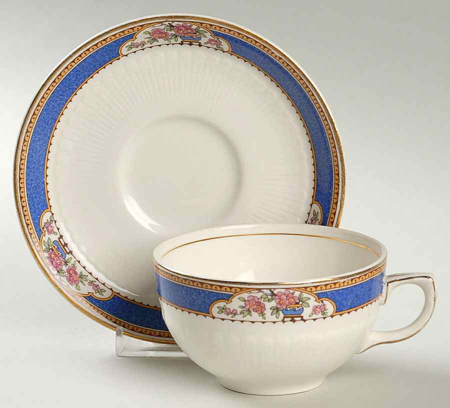 Astor (Flowers On Border, Older) Flat Cup & Saucer Set by Wedgwood-1