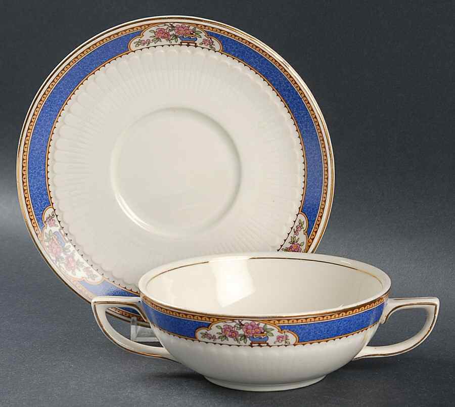 Astor (Flowers On Border, Older) Flat Cream Soup Bowl & Saucer Set by Wedgwood-1