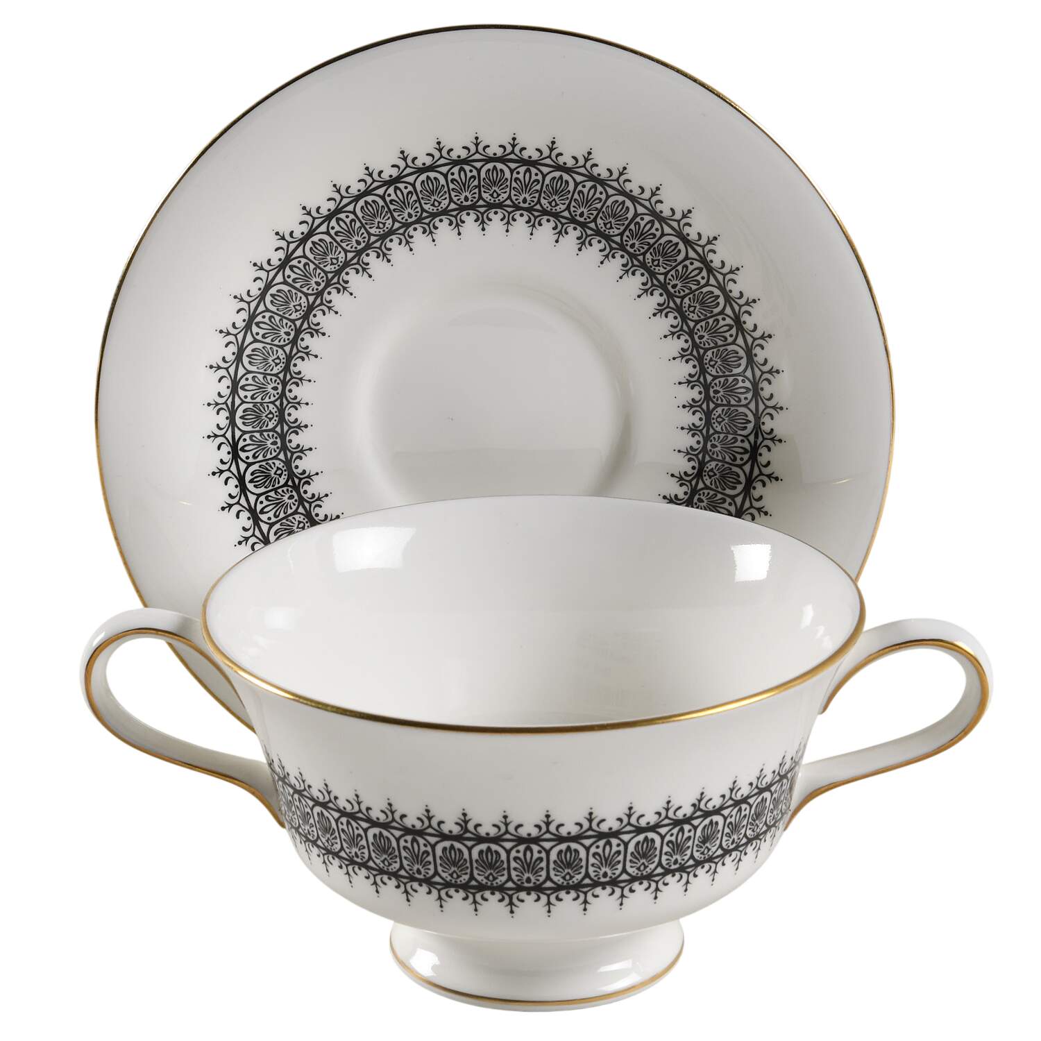 Astor Black On White (Newer) Footed Cream Soup Bowl & Saucer Set by Wedgwood-1