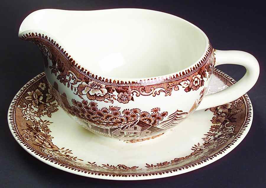 Avon Cottage Brown Gravy Boat with Attached Underplate by Wedgwood-1