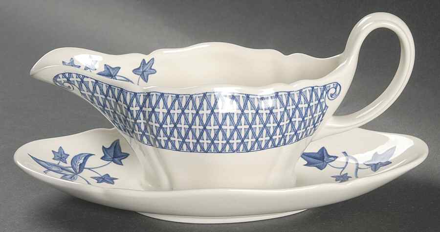 Avocado Blue Gravy Boat with Attached Underplate by Wedgwood-1