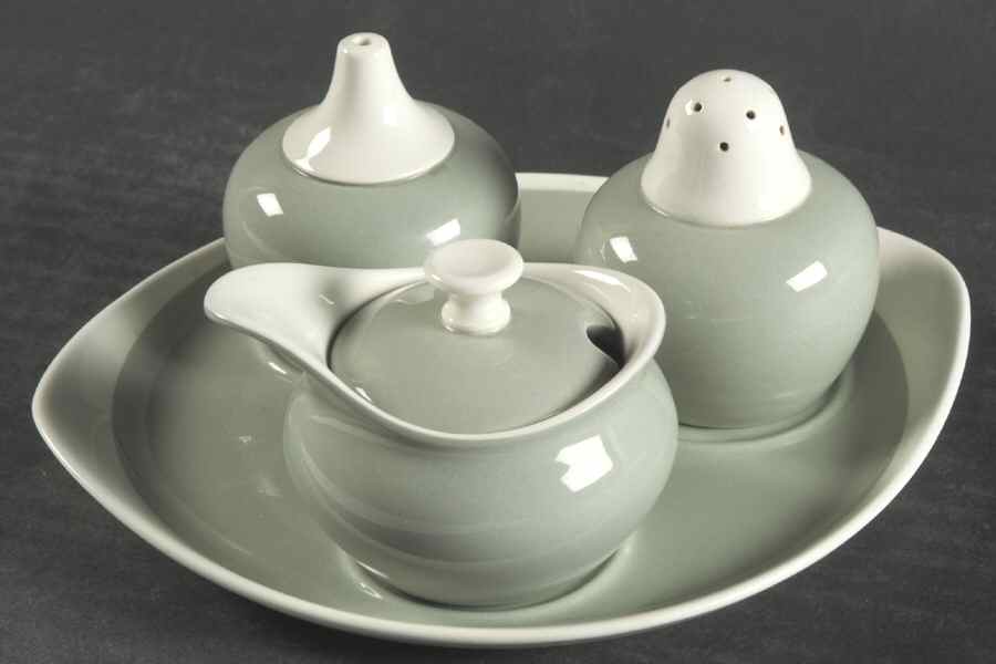 Barlaston Green Salt & Pepper, Mustard with Lid & Tray by Wedgwood-1