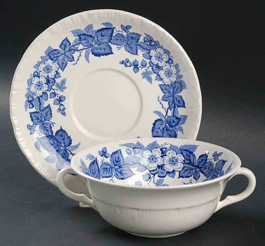 Bramble Blue (Shell Edge) Flat Cream Soup Bowl & Saucer Set by Wedgwood-1