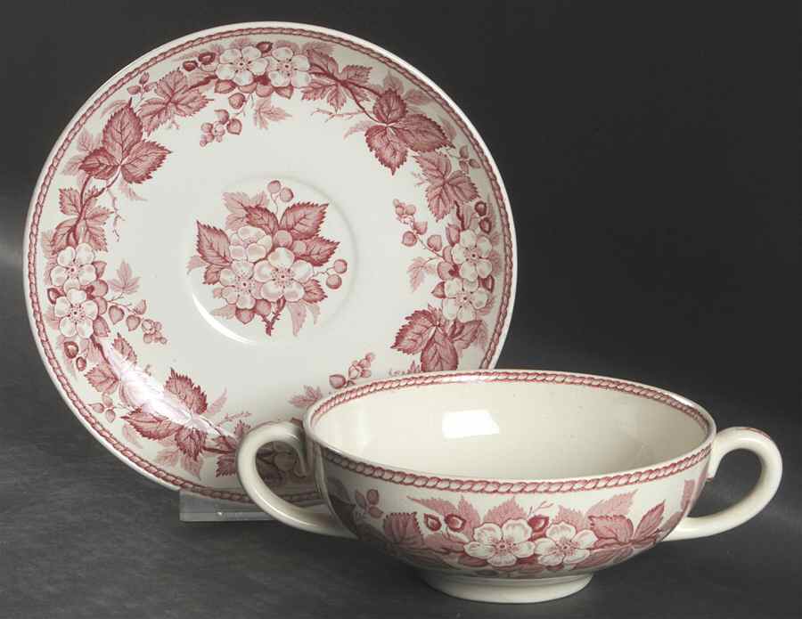Bramble Pink (Plain Edge) Flat Cream Soup Bowl & Saucer Set by Wedgwood-1