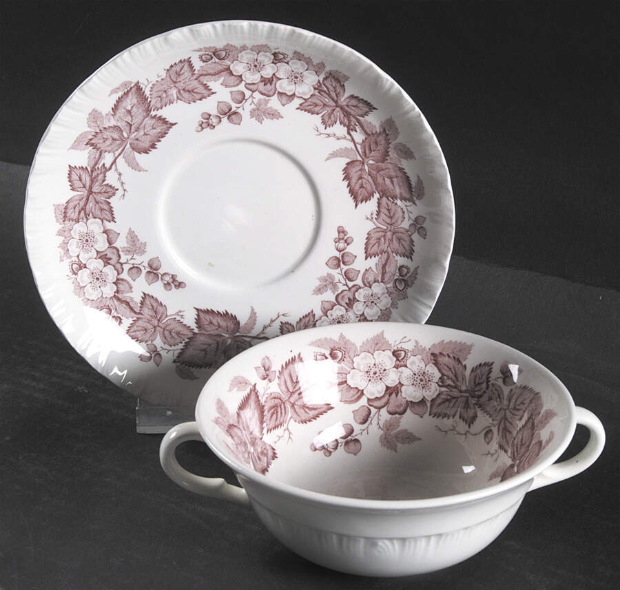 Bramble Pink (Shell Edge) Footed Cream Soup Bowl & Saucer Set by Wedgwood-1