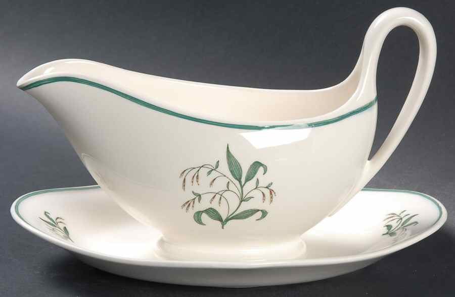 Broomgrass Green (No Trim, Green Verge) Gravy Boat with Attached Underplate by Wedgwood-1