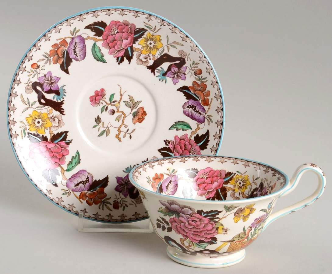 Bullfinch Brown Multicolor (Green Trim) Footed Cup & Saucer Set by Wedgwood-1