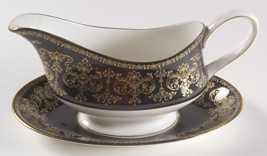 Caernarvon Black Gravy Boat & Underplate by Wedgwood-1