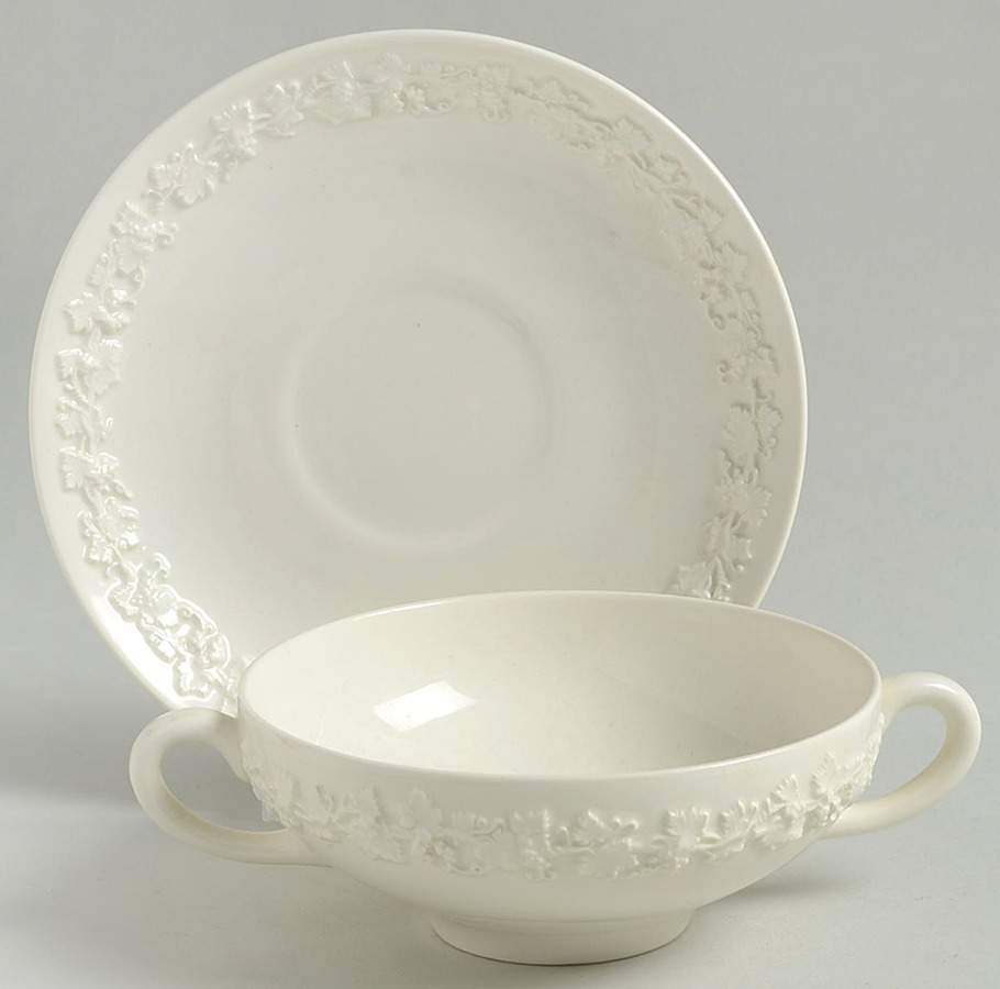 Cream Color on Cream Color (Plain Edge) Flat Cream Soup Bowl & Saucer Set by Wedgwood-1