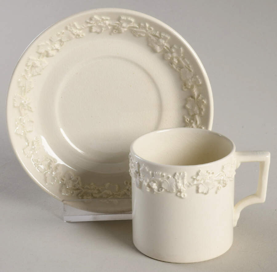 Cream Color on Cream Color (Plain Edge) Flat Demitasse Cup & Saucer Set by Wedgwood-1