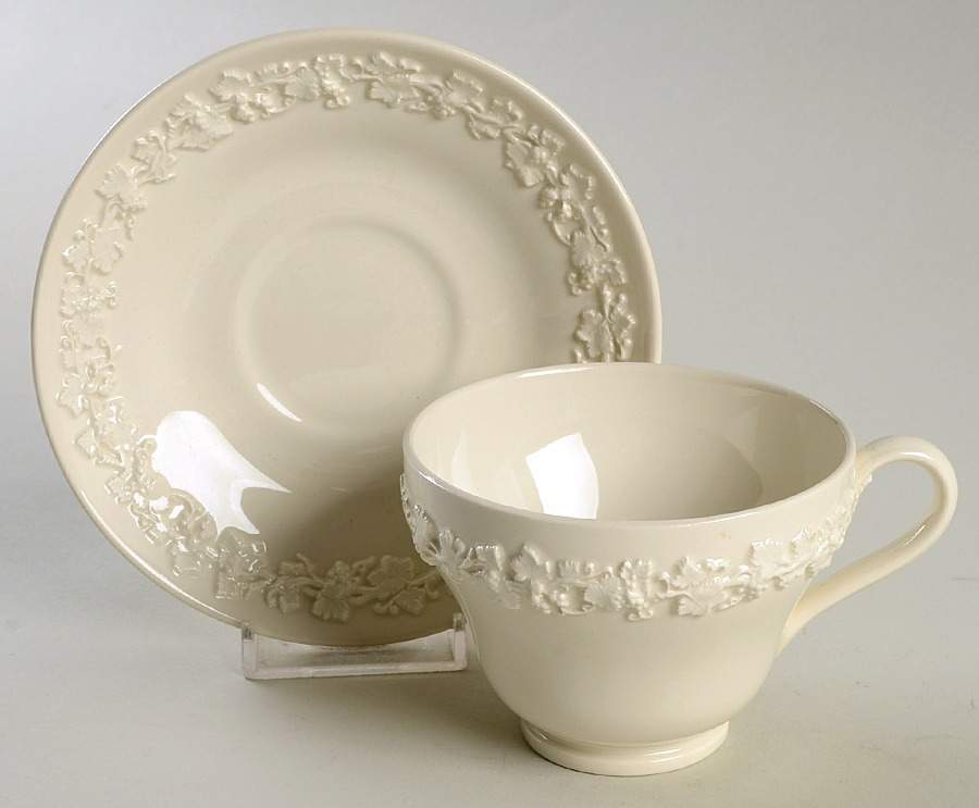 Cream Color on Cream Color (Plain Edge) Footed Cup & Saucer Set by Wedgwood-1