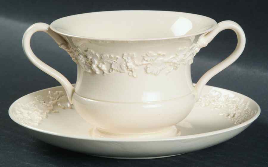 Cream Color on Cream Color (Plain Edge) Footed Bouillon Cup & Saucer by Wedgwood-1