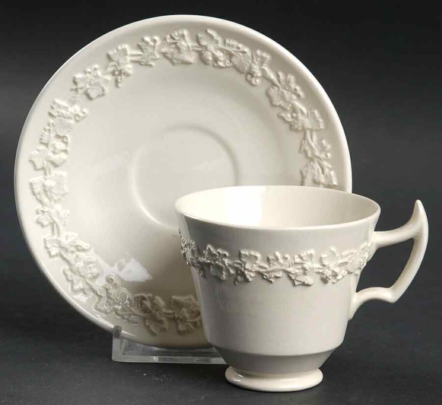 Cream Color on Cream Color (Plain Edge) Footed Demitasse Cup & Saucer Set by Wedgwood-1