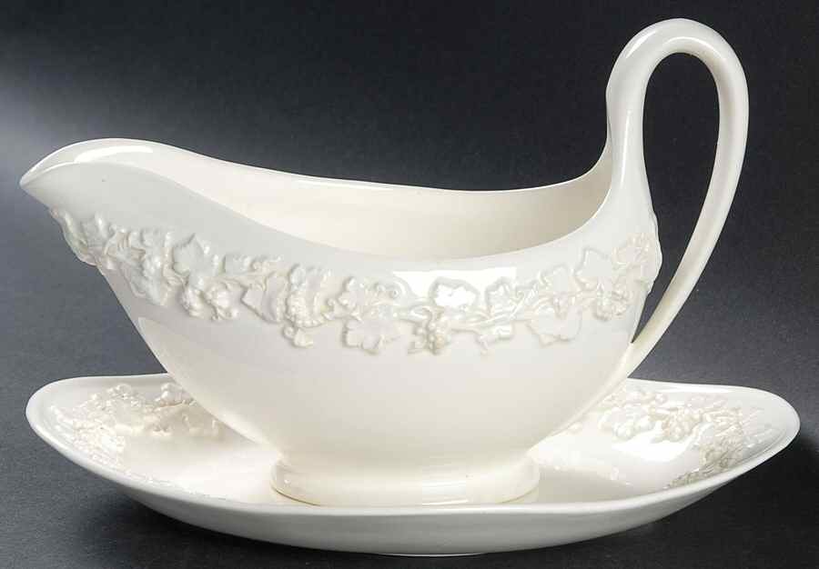 Cream Color on Cream Color (Plain Edge) Gravy Boat & Underplate/Relish by Wedgwood-1
