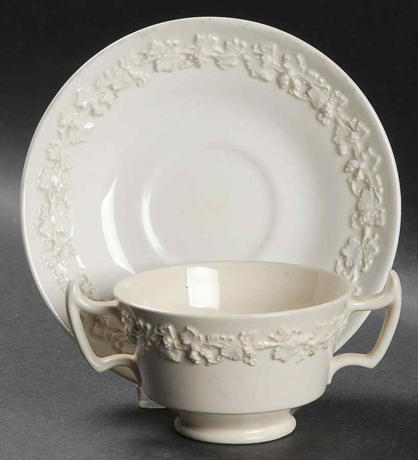 Cream Color on Cream Color (Plain Edge) Footed Bouillon Cup & Saucer by Wedgwood-1