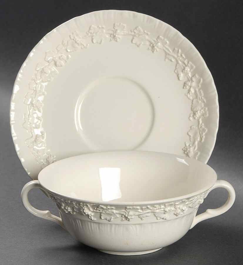 Cream Color on Cream Color (Shell Edge) Flat Cream Soup Bowl & Saucer Set by Wedgwood-1