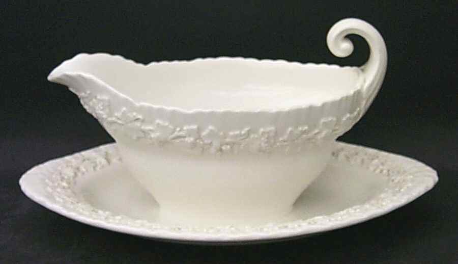 Cream Color on Cream Color (Shell Edge) Gravy Boat with Attached Underplate by Wedgwood-1