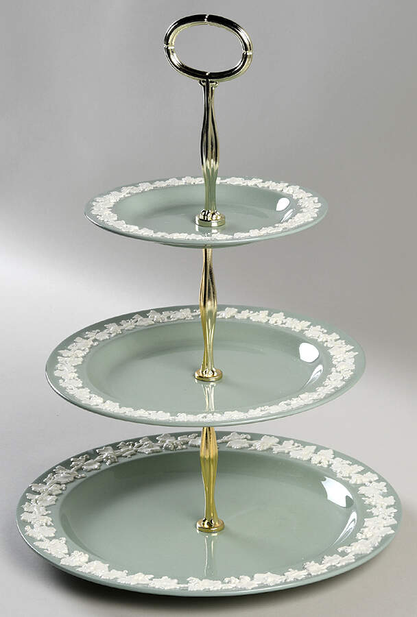 Cream Color on Celadon (Plain) 13 7/8"-14 1/4" 3-Tiered Serving Tray(DP,SP,BB) HC by Wedgwood-1