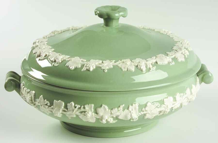 Cream Color on Celadon (Plain) Round Covered Vegetable by Wedgwood-1