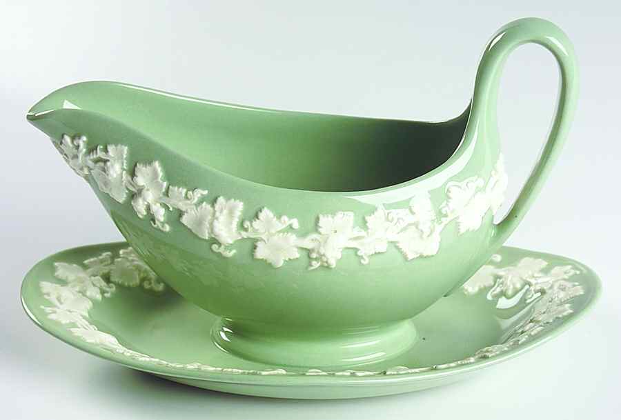Cream Color on Celadon (Plain) Gravy Boat with Attached Underplate by Wedgwood-1