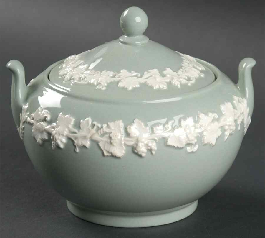 Cream Color on Celadon (Plain) Sugar Bowl & Lid by Wedgwood-1
