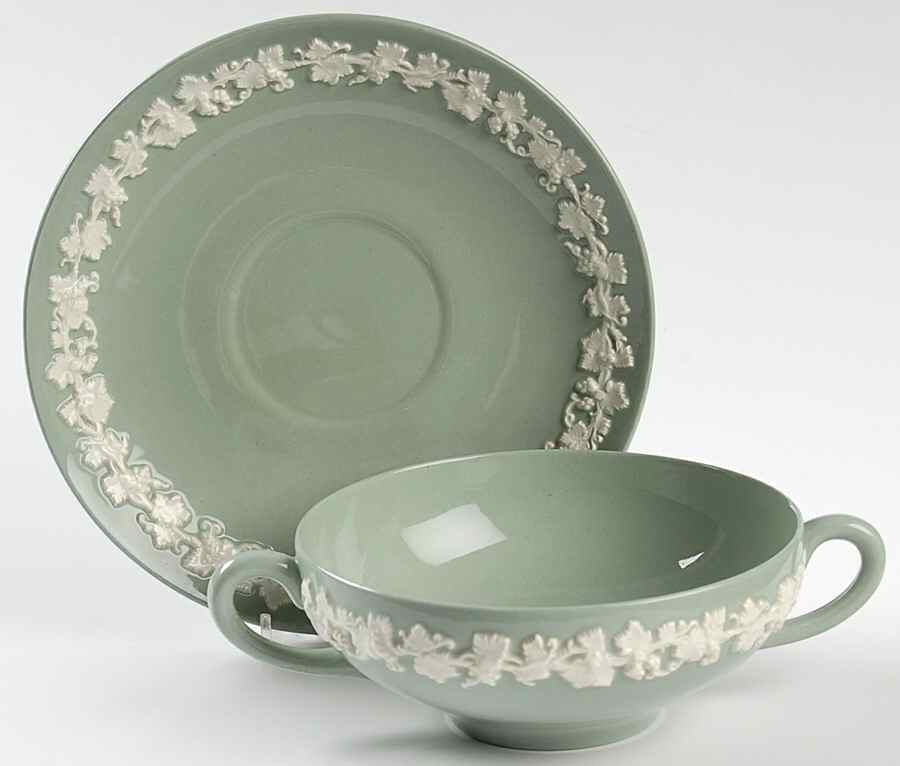Cream Color on Celadon (Plain) Flat Cream Soup Bowl & Saucer Set by Wedgwood-1
