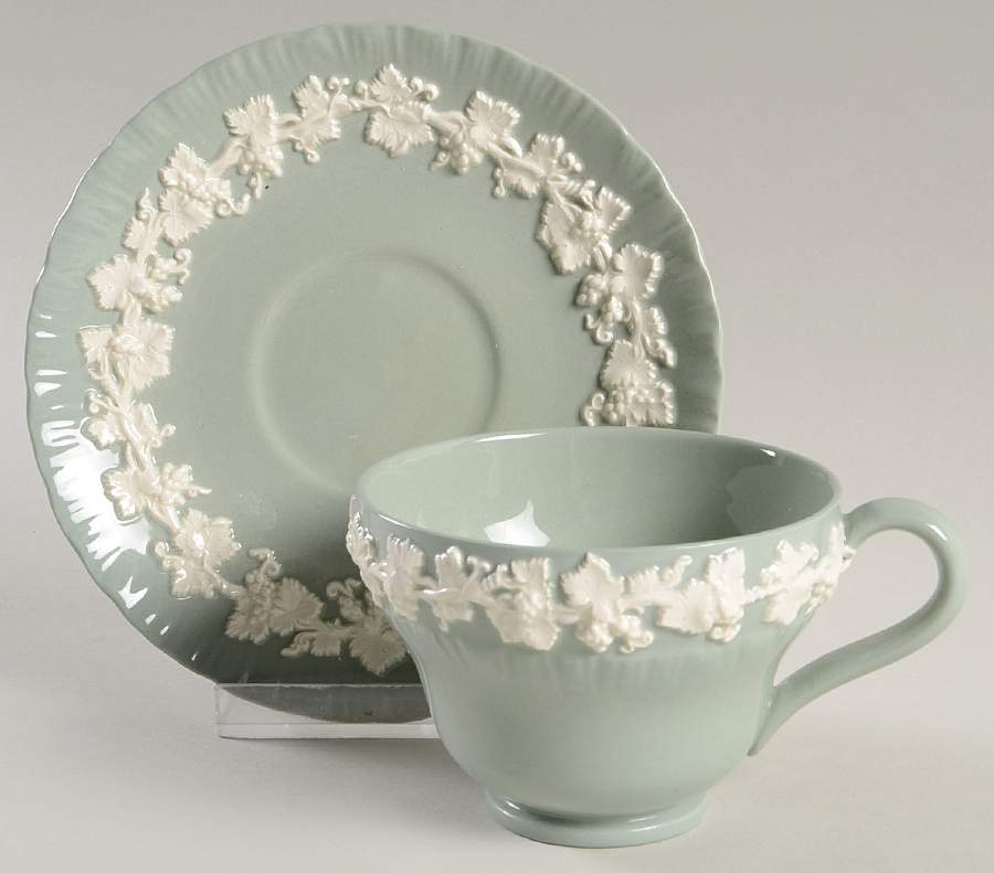 Cream Color on Celadon (Shell Edge) Footed Cup & Saucer Set by Wedgwood-1
