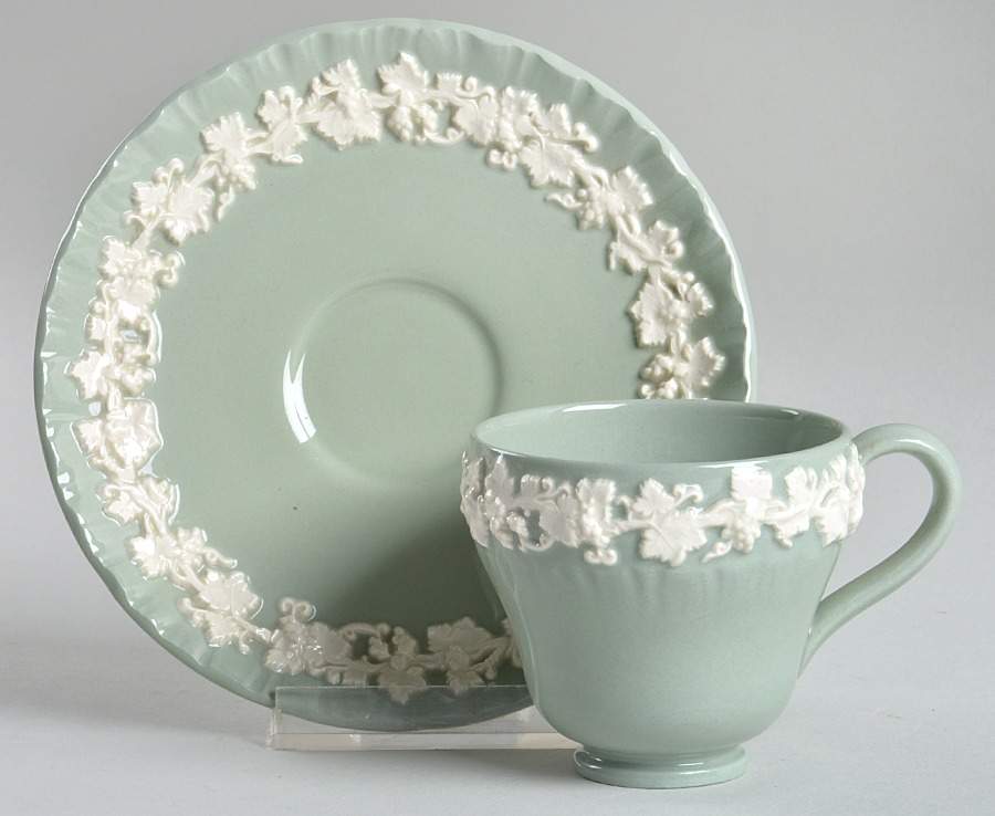 Cream Color on Celadon (Shell Edge) Footed Demitasse Cup & Saucer Set by Wedgwood-1