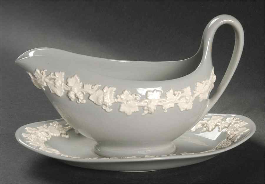 Cream Color on Grey (Plain) Gravy Boat with Attached Underplate by Wedgwood-1