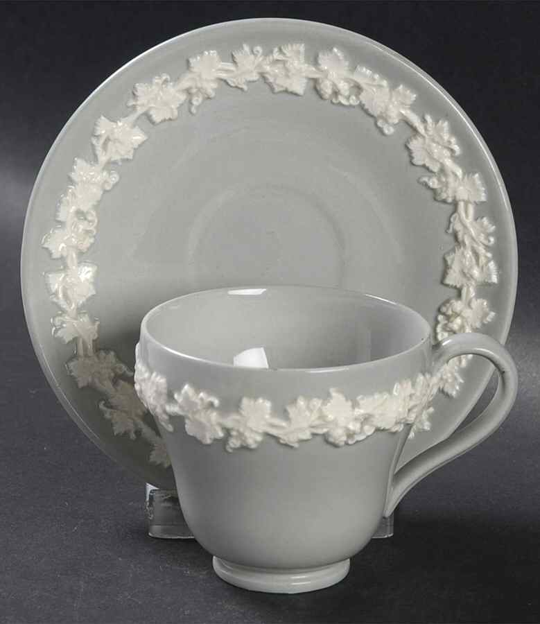 Cream Color on Grey (Plain) Footed Demitasse Cup & Saucer Set by Wedgwood-1