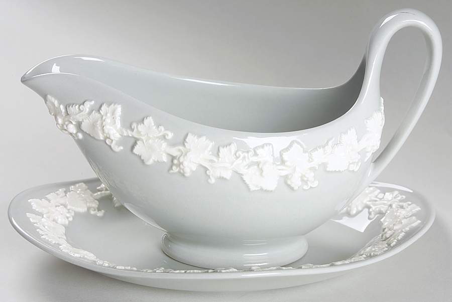 Cream Color on Grey (Plain) Gravy Boat & Underplate/Relish by Wedgwood-1