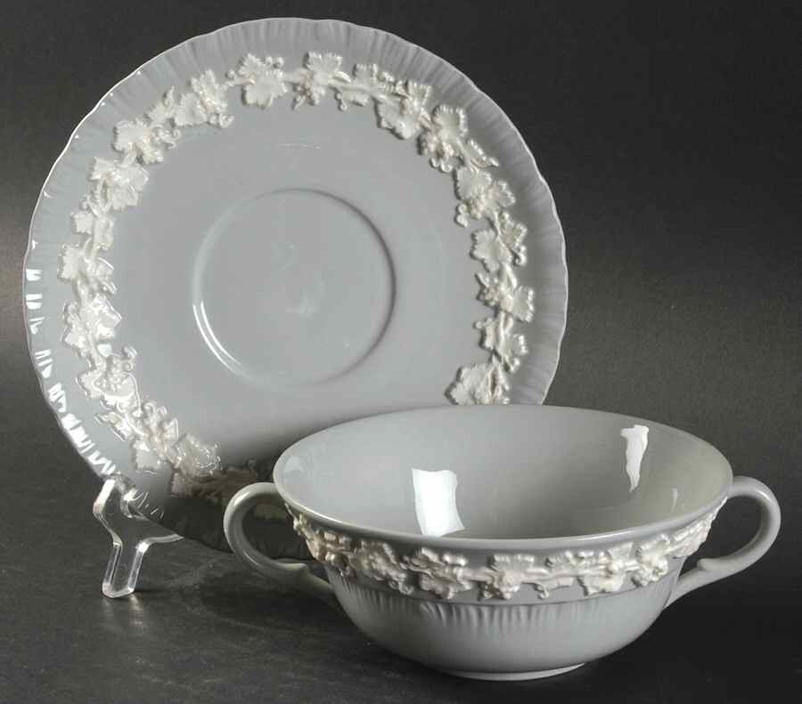 Cream Color on Grey (Shell Edge) Flat Cream Soup Bowl & Saucer Set by Wedgwood-1