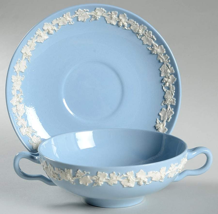 Cream Color on Lavender (Plain) Flat Cream Soup Bowl & Saucer Set by Wedgwood-1