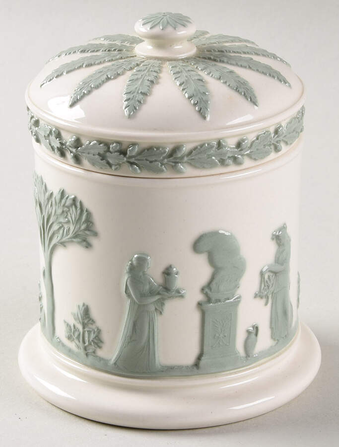 Celadon On Cream Color (Plain Edge) Cigarette Jar & Lid by Wedgwood-1